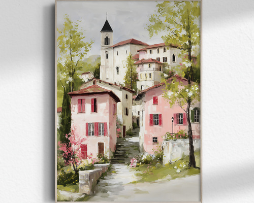 春の町【 桜色の屋根の北欧の村 タイプA 】 春景色 新緑 インテリア