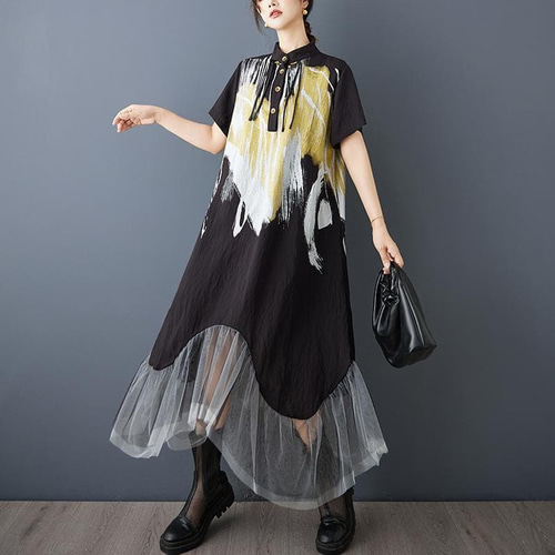 新品】大きいサイズ夏服チュール ドッキング ワンピース 3L ぽっちゃり