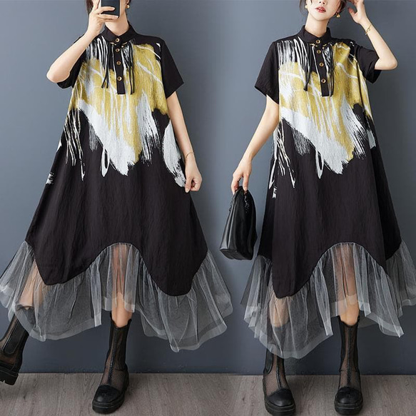 新品】大きいサイズ夏服チュール ドッキング ワンピース 3L ぽっちゃり