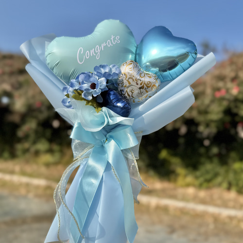 卒業祝い｜フラワーバルーンブーケ ブルー｜名入れ可｜卒業・誕生日