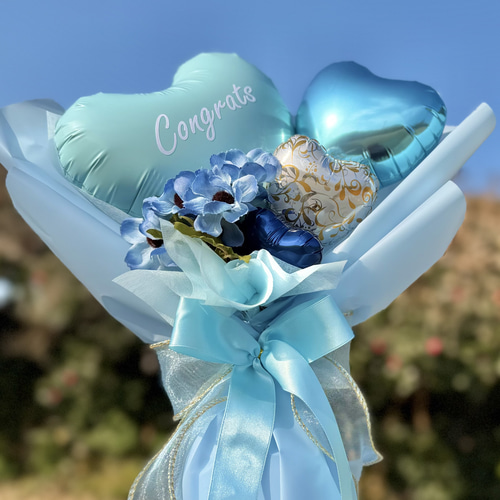 卒業祝い｜フラワーバルーンブーケ ブルー｜名入れ可｜卒業・誕生日