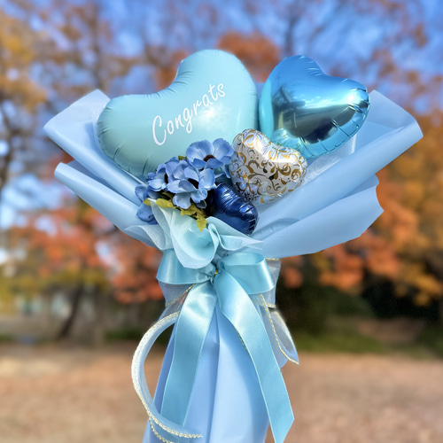 卒業祝い｜フラワーバルーンブーケ ブルー｜名入れ可｜卒業・誕生日