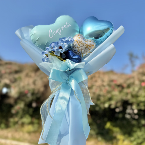 卒業祝い｜フラワーバルーンブーケ ブルー｜名入れ可｜卒業・誕生日