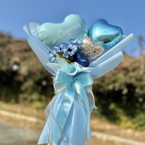 卒業祝い｜フラワーバルーンブーケ ブルー｜名入れ可｜卒業・誕生日