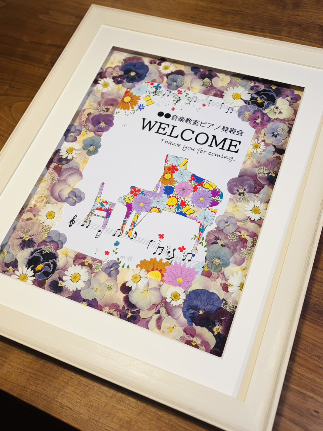 ピアノ発表会のための押花ウェルカムボード「花ひらくメロディ」
