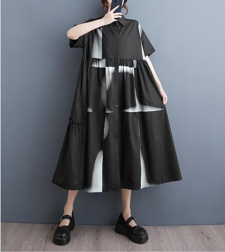 大きいサイズ レディース ワンピース　シャツ　春夏 秋 新品 半袖　ブラック