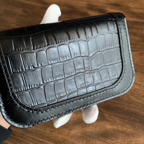 ロングトラッカー 財布 黒 国産ロロマ革 クロコ型押 手縫い　テンダーロイン　風 ロングトラッカー 財布 黒 国産ロロマ革 クロコ型押 手縫い
