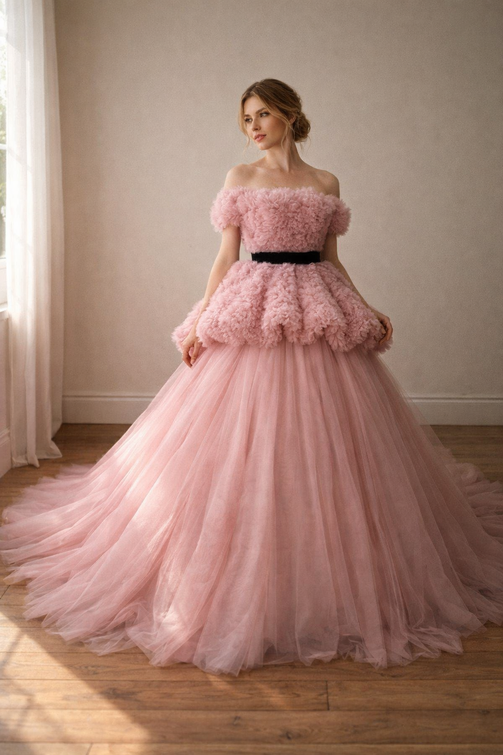 3waysピンクカラードレス　ふわふわドレス　3点セット　もこもこ　オートクチュール  華やかなトレーン   結婚式