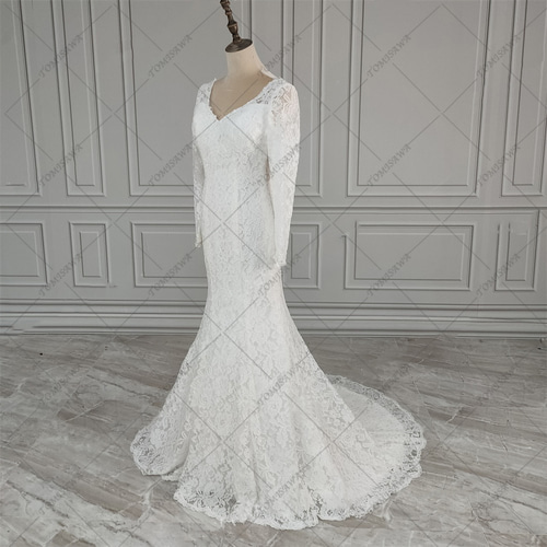 総レース Vネック マーメイドライン ウェディングドレス 二次会 結婚式