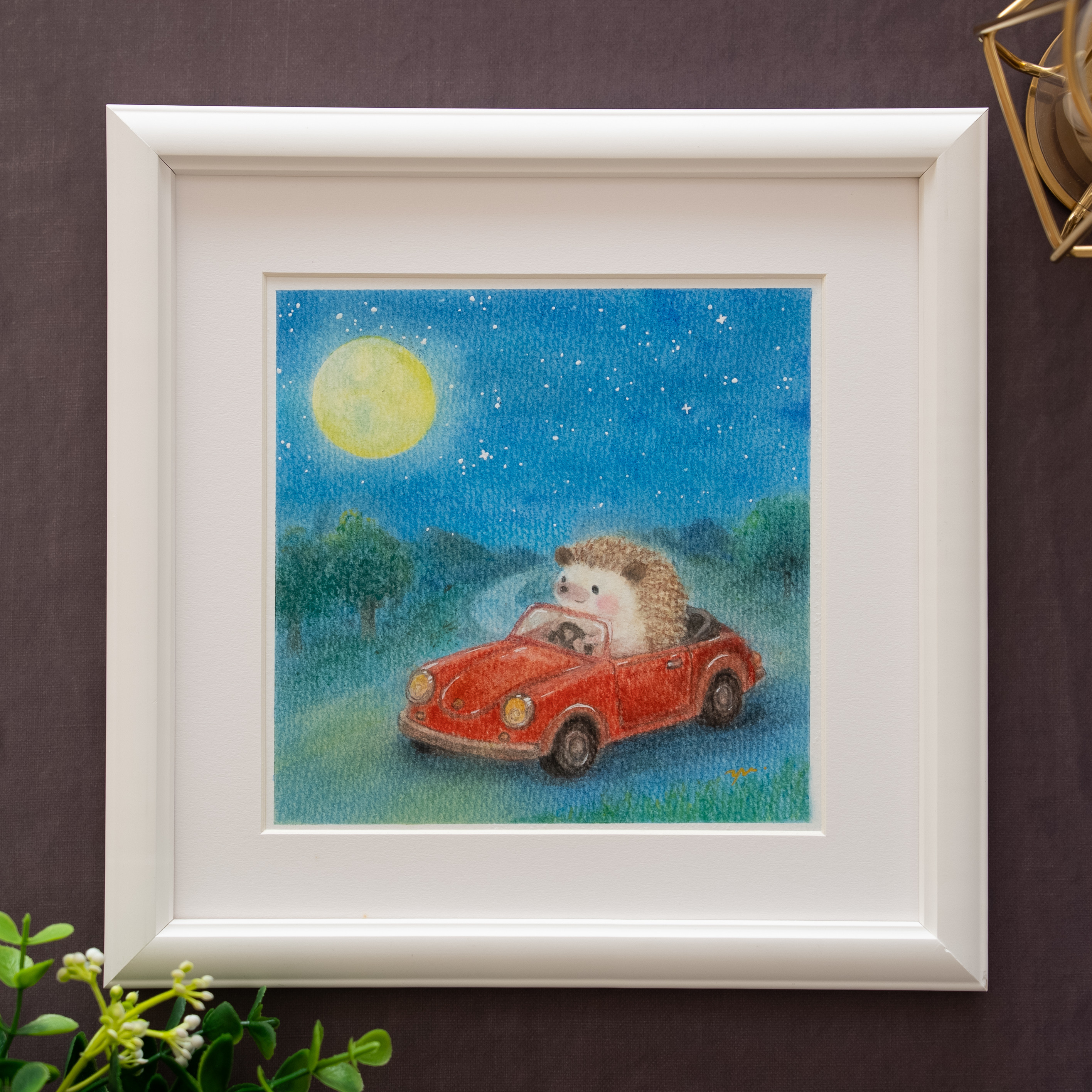 【原画】「月明かりのドライブ」　パステルアート　はりねずみ　かわいい動物イラスト