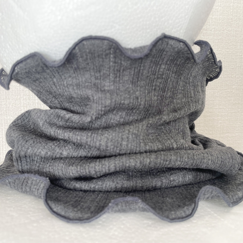テレコニット綿100%ダークグレーハンドメイドネックウォーマーよく伸び
