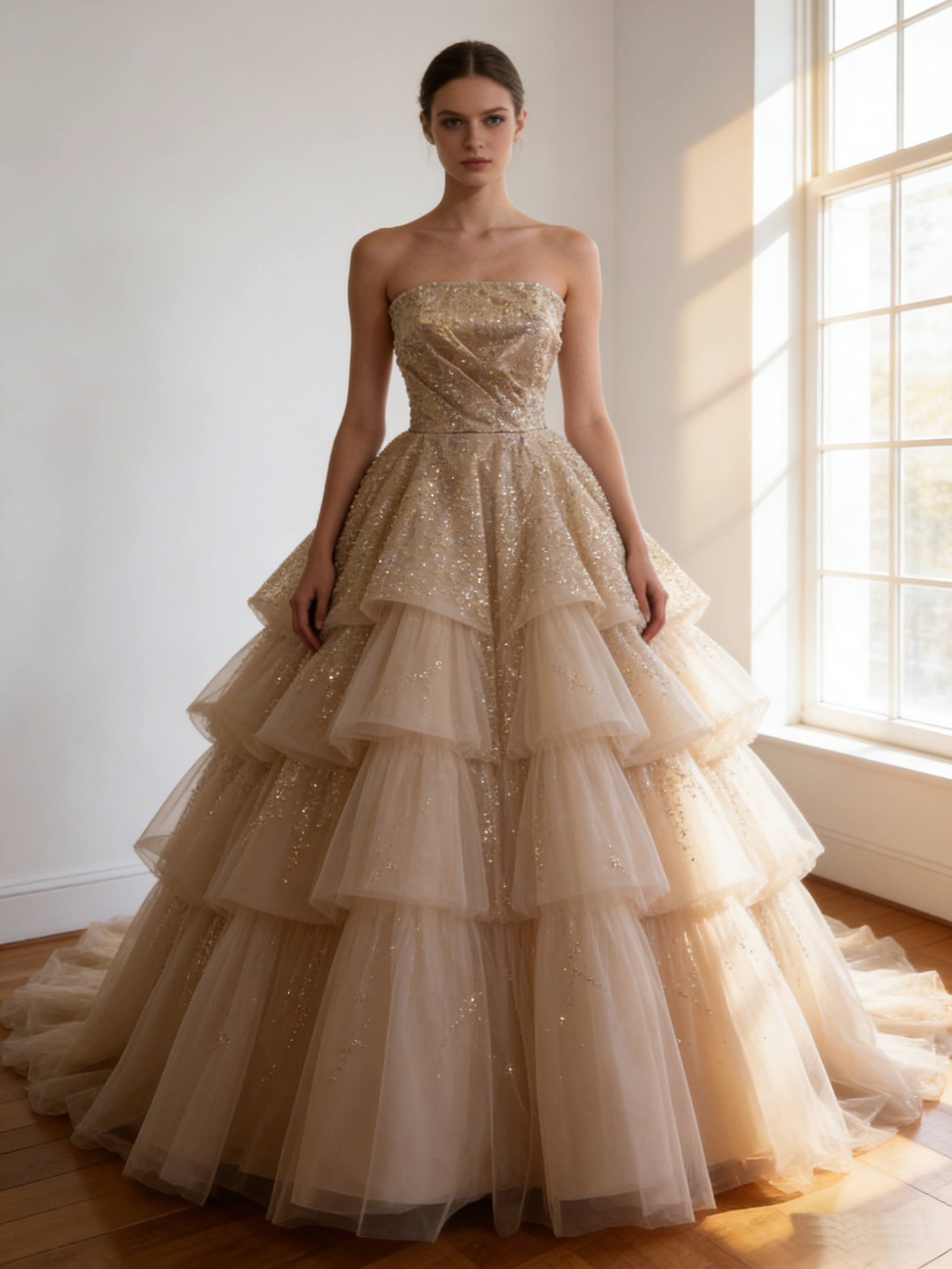 カラードレス  シャンパン色  シークインチュール   華やかなトレーン  ビスチェドレス   披露宴/結婚式