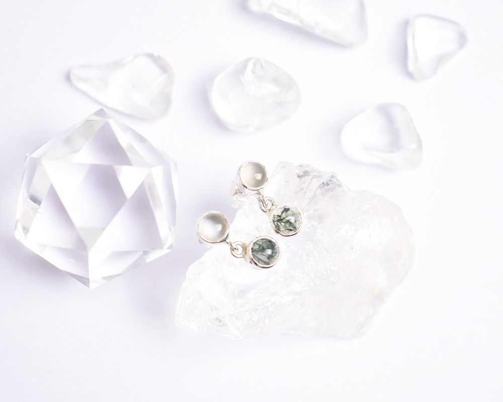 モスアゲート × ムーンストーン ダブルストーン スタッドピアス　シルバー925　天然石