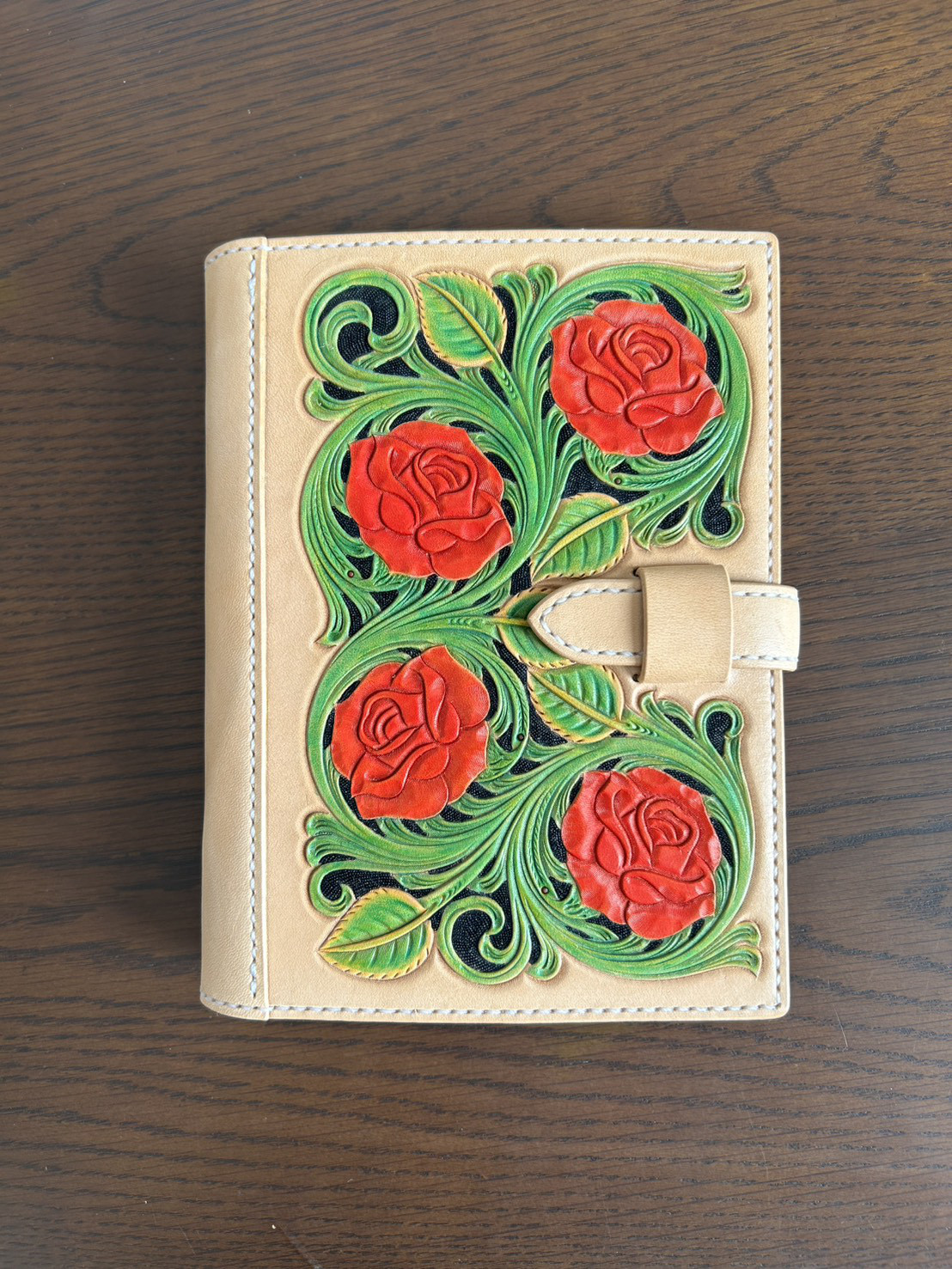 薔薇のシステム手帳　バイブルサイズ　レザーカービング