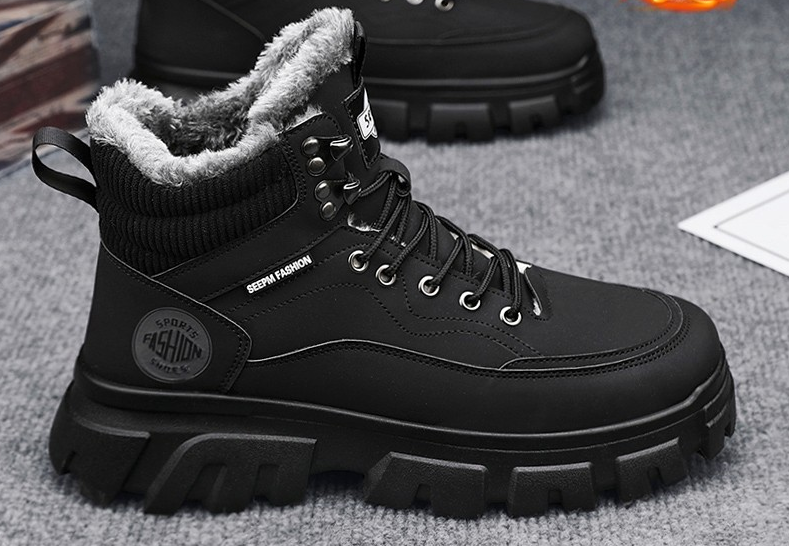 メンズ  冬新作 ハイカット ファー一体  マーティンブーツ 加绒防寒 防水加工 厚底 ワークブーツ 黒 滑