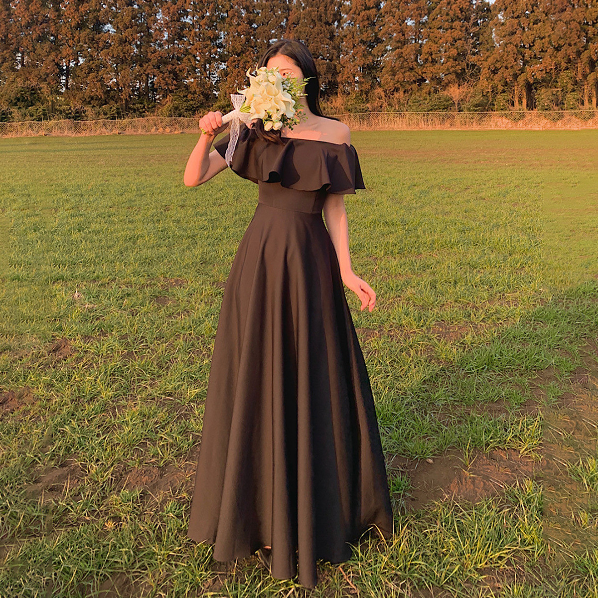 高級感 黒 オフショルダー パーティードレス シンプル 韓国風 花嫁 披露宴 演奏会 前撮り HL1035