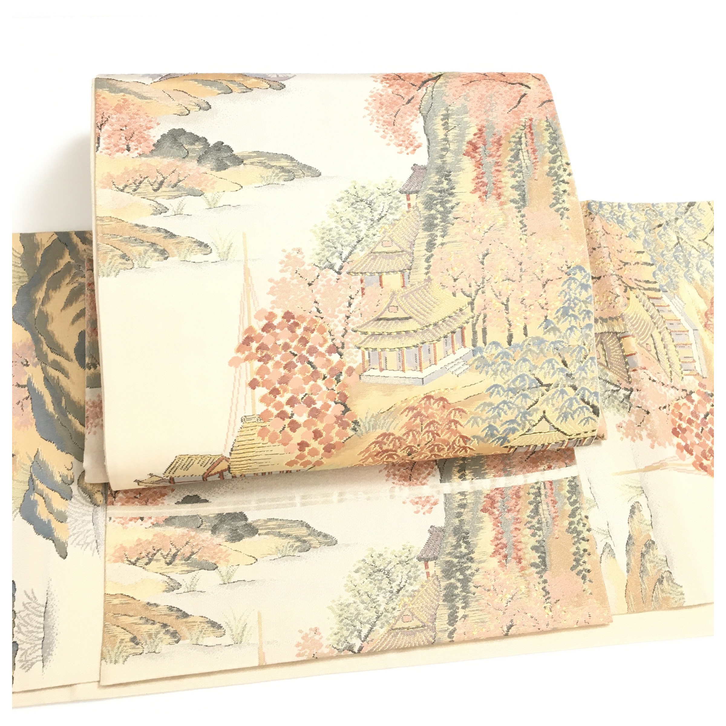 美品　正絹　楽帯　高級呉服　袋帯　ベージュ　風景柄　織り模様　二部式　二重太鼓　作り帯