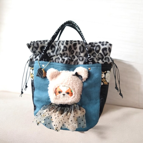 №821【インド刺繍レース✖️ふわふわあんこちゃん ヒョウ柄巾着ToteBAG