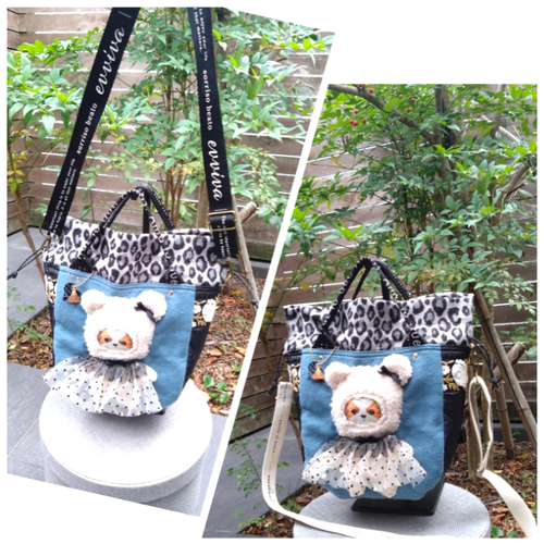 №821【インド刺繍レース✖️ふわふわあんこちゃん ヒョウ柄巾着ToteBAG