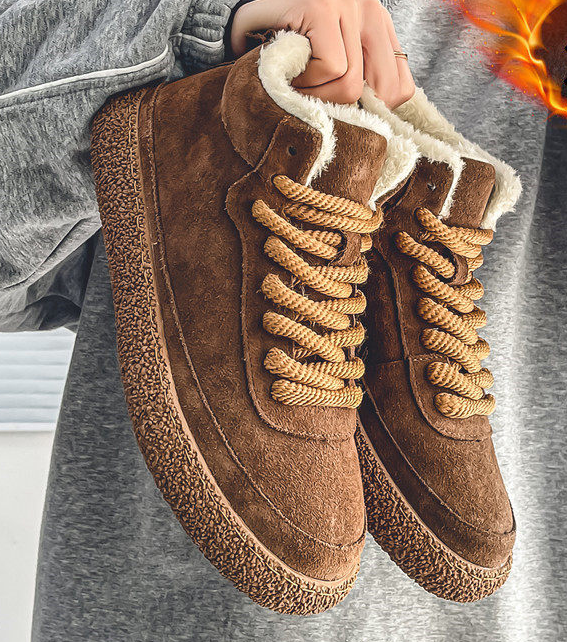 メンズハイカット 冬用 裏起毛保暖 ファー一体型 二綿入り ボードシューズ 潮牌デザイン バラバラコーデ対応 レトロミッ