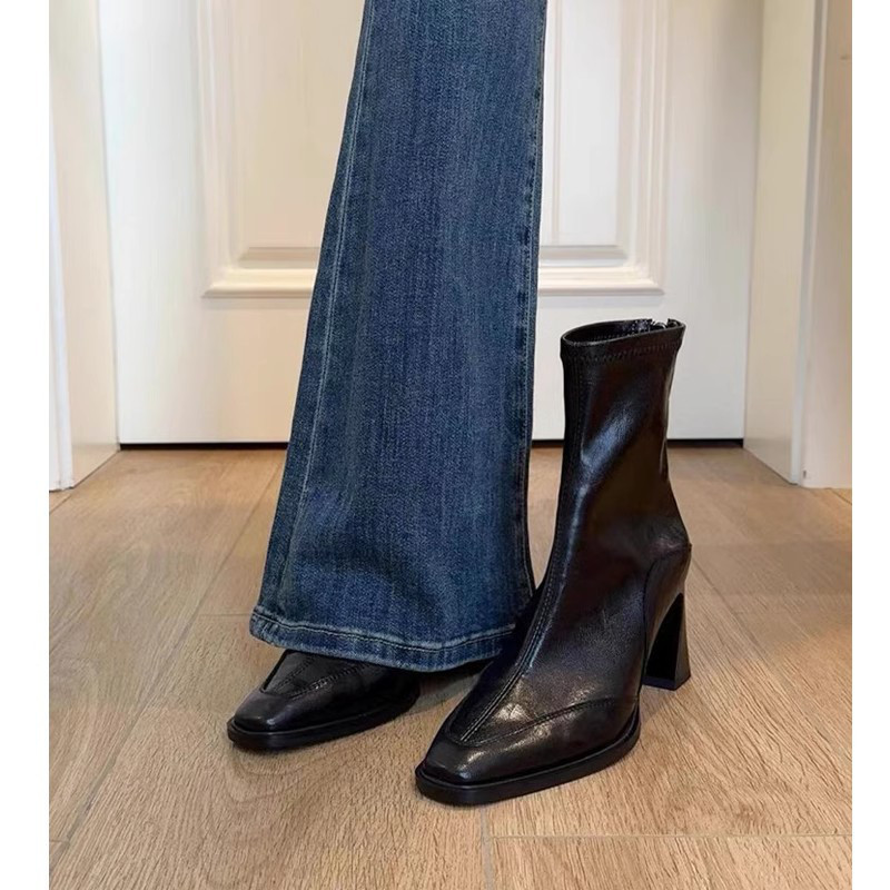 レディース スクエアトゥ ショートブーツ 太ヒール レトロイギリス風 スリムフィット22.5-25cm#1272