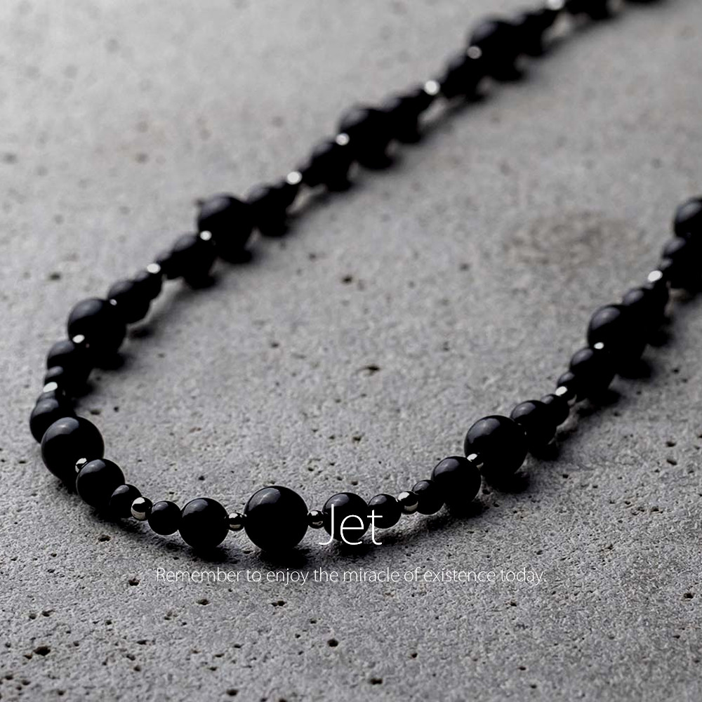 天然ジェット 黒玉 天然石アクセサリー モノトーン デザインネックレス　- suzukaze22