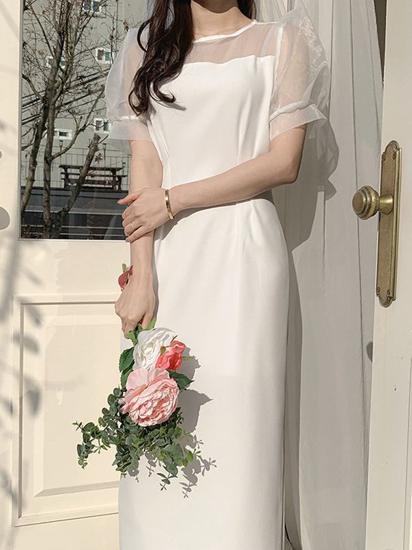 高級感 白 パフスリーブ ウェディングドレス シンプル 韓国風 優雅 花嫁 披露宴 演奏会 前撮り HL1044