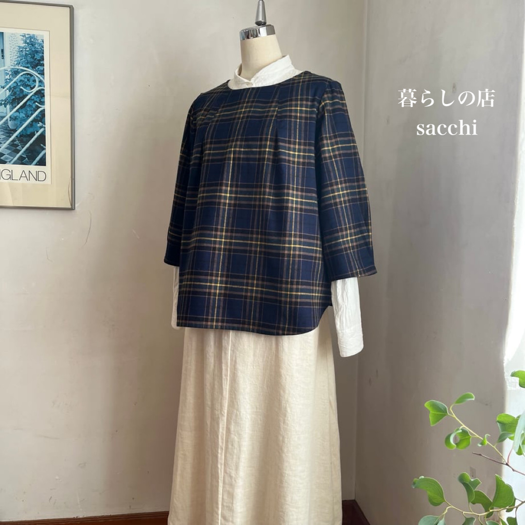 キャトルシャツ　コットンフランネル　タータンチェック　ネイビー×ブラウン　　　　＊暮らしの店sacchi＊