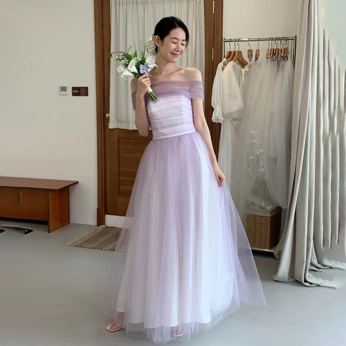 高級感 薄紫 オフショルダー パーティードレス シンプル 韓国風 花嫁