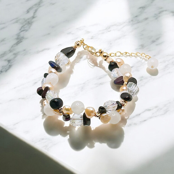 一点限定品【14kgf】ホワイトムーンストーン × スギライト × オレンジバロックパールブレスレット＆ピアスセットWT 13枚目の画像