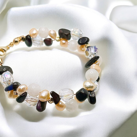 一点限定品【14kgf】ホワイトムーンストーン × スギライト × オレンジバロックパールブレスレット＆ピアスセットWT 10枚目の画像