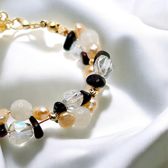 一点限定品【14kgf】ホワイトムーンストーン × スギライト × オレンジバロックパールブレスレット＆ピアスセットWT 4枚目の画像