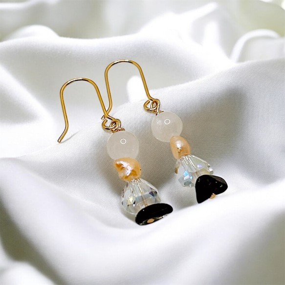 一点限定品【14kgf】ホワイトムーンストーン × スギライト × オレンジバロックパールブレスレット＆ピアスセットWT 12枚目の画像