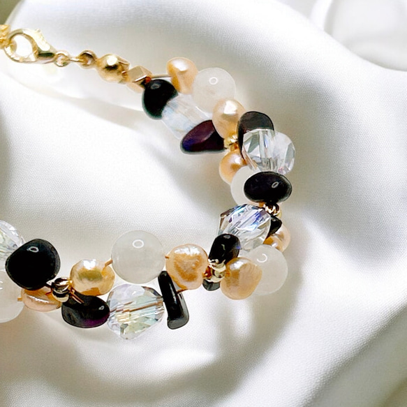 一点限定品【14kgf】ホワイトムーンストーン × スギライト × オレンジバロックパールブレスレット＆ピアスセットWT 6枚目の画像