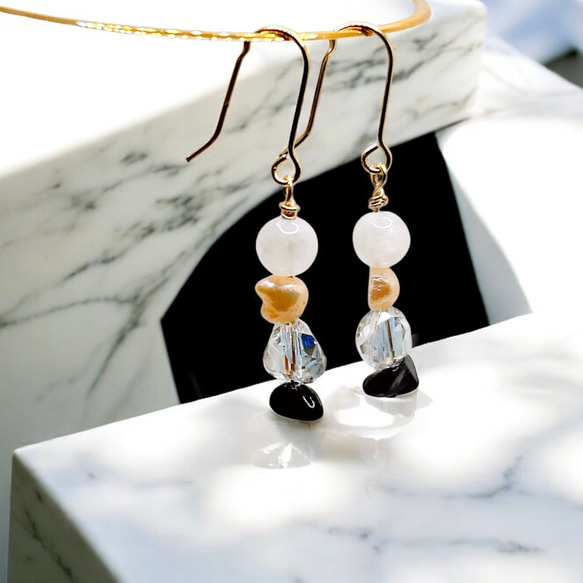 一点限定品【14kgf】ホワイトムーンストーン × スギライト × オレンジバロックパールブレスレット＆ピアスセットWT 15枚目の画像