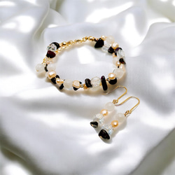 一点限定品【14kgf】ホワイトムーンストーン × スギライト × オレンジバロックパールブレスレット＆ピアスセットWT 2枚目の画像