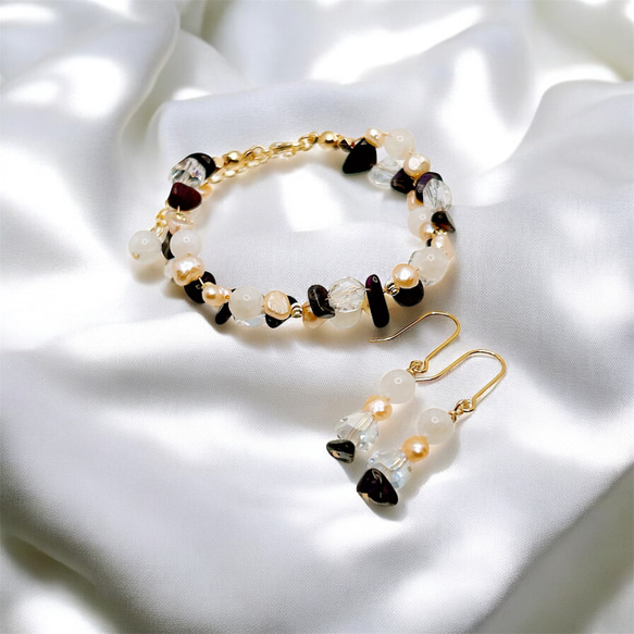 一点限定品【14kgf】ホワイトムーンストーン × スギライト × オレンジバロックパールブレスレット＆ピアスセットWT 2枚目の画像
