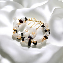 一点限定品【14kgf】ホワイトムーンストーン × スギライト × オレンジバロックパールブレスレット＆ピアスセットWT 1枚目の画像