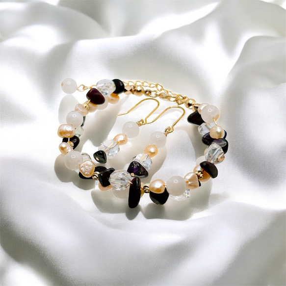 一点限定品【14kgf】ホワイトムーンストーン × スギライト × オレンジバロックパールブレスレット＆ピアスセットWT 1枚目の画像