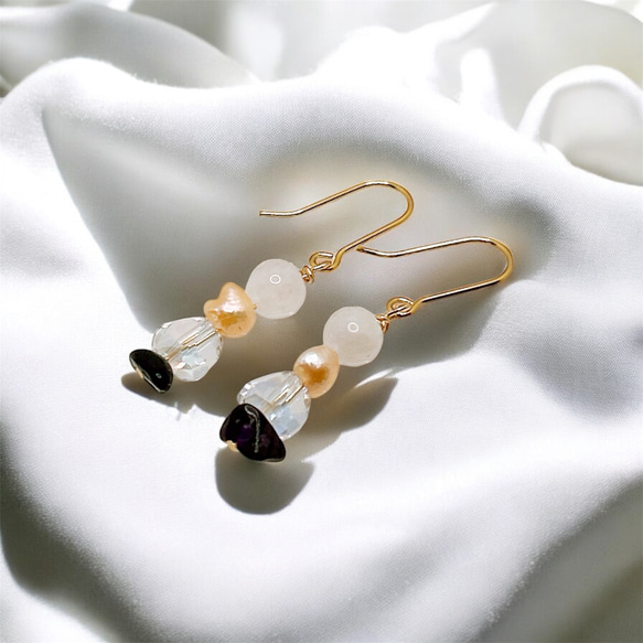 一点限定品【14kgf】ホワイトムーンストーン × スギライト × オレンジバロックパールブレスレット＆ピアスセットWT 11枚目の画像