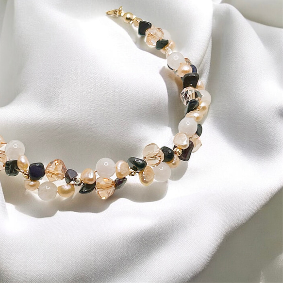 【14kgf】ホワイトムーンストーン × スギライト × オレンジバロックパールのブレスレット＆ピアスセットGD 5枚目の画像