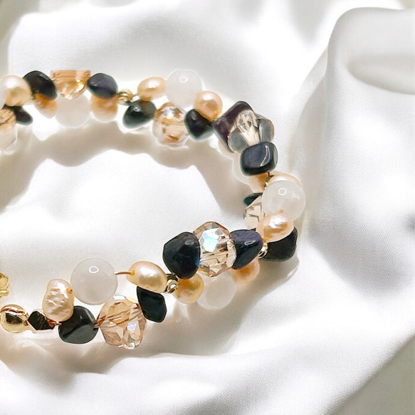 【14kgf】ホワイトムーンストーン × スギライト × オレンジバロックパールのブレスレット＆ピアスセットGD 4枚目の画像