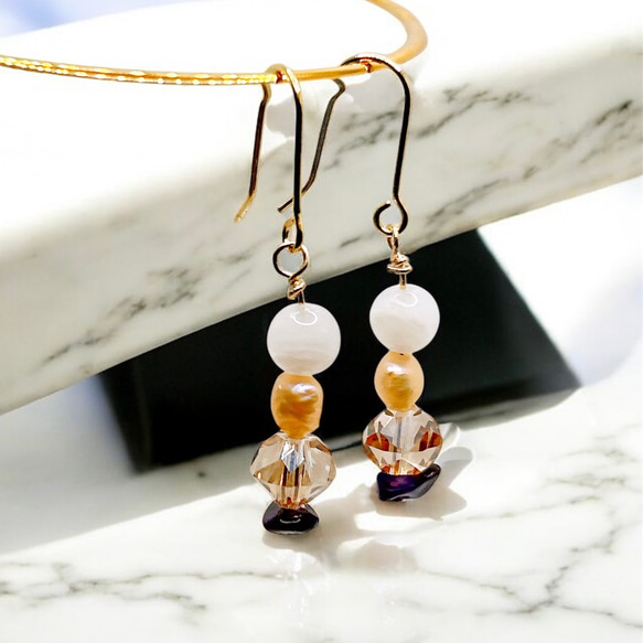 【14kgf】ホワイトムーンストーン × スギライト × オレンジバロックパールのブレスレット＆ピアスセットGD 12枚目の画像