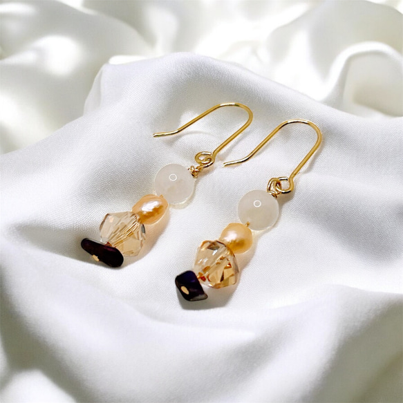 【14kgf】ホワイトムーンストーン × スギライト × オレンジバロックパールのブレスレット＆ピアスセットGD 7枚目の画像