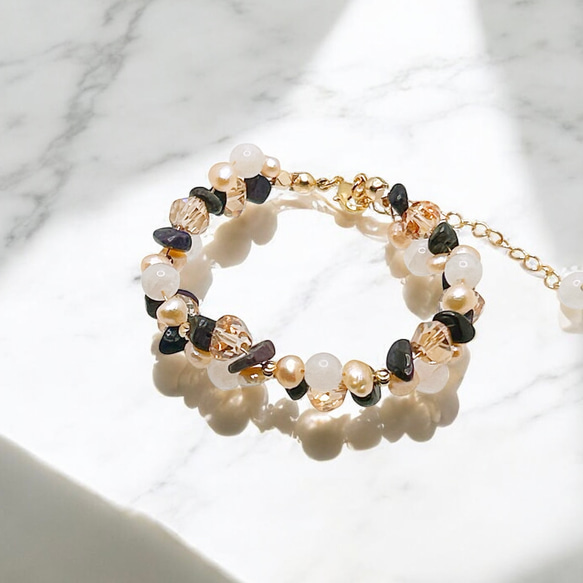 【14kgf】ホワイトムーンストーン × スギライト × オレンジバロックパールのブレスレット＆ピアスセットGD 11枚目の画像