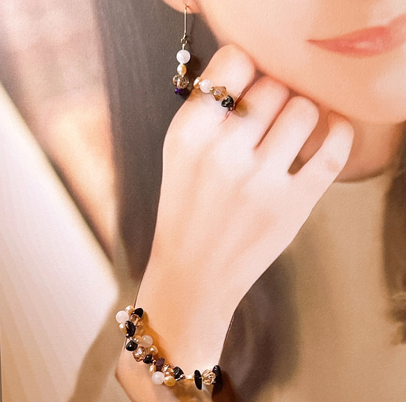 【14kgf】ホワイトムーンストーン × スギライト × オレンジバロックパールのブレスレット＆ピアスセットGD 14枚目の画像