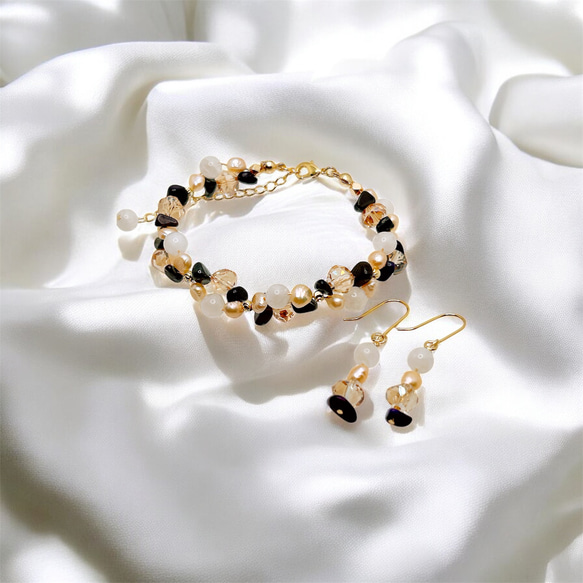 【14kgf】ホワイトムーンストーン × スギライト × オレンジバロックパールのブレスレット＆ピアスセットGD 9枚目の画像