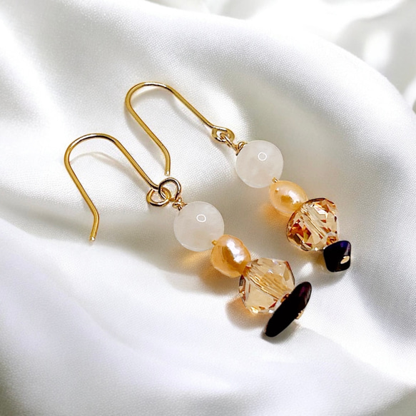 【14kgf】ホワイトムーンストーン × スギライト × オレンジバロックパールのブレスレット＆ピアスセットGD 8枚目の画像