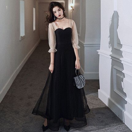 パーティードレス 黒 七分袖 シンプル 高級感 誕生日 成人式 披露宴 演奏会 前撮り 二次会 お呼ばれ AK650