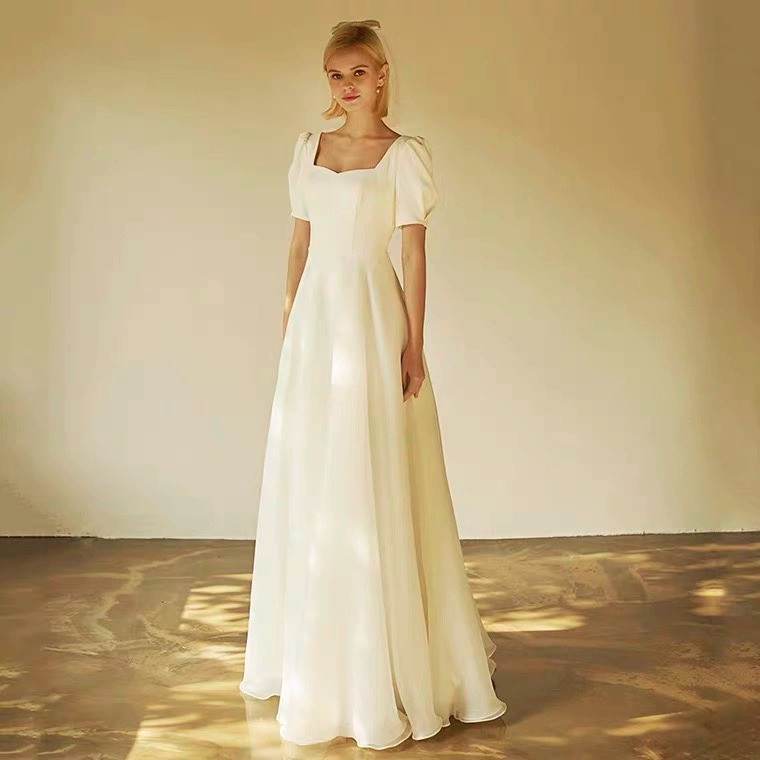 ウェディングドレス 半袖 白黒 サテン シンプル 高級感 花嫁 パーティー 二次会 誕生日 前撮り お呼ばれ AK651